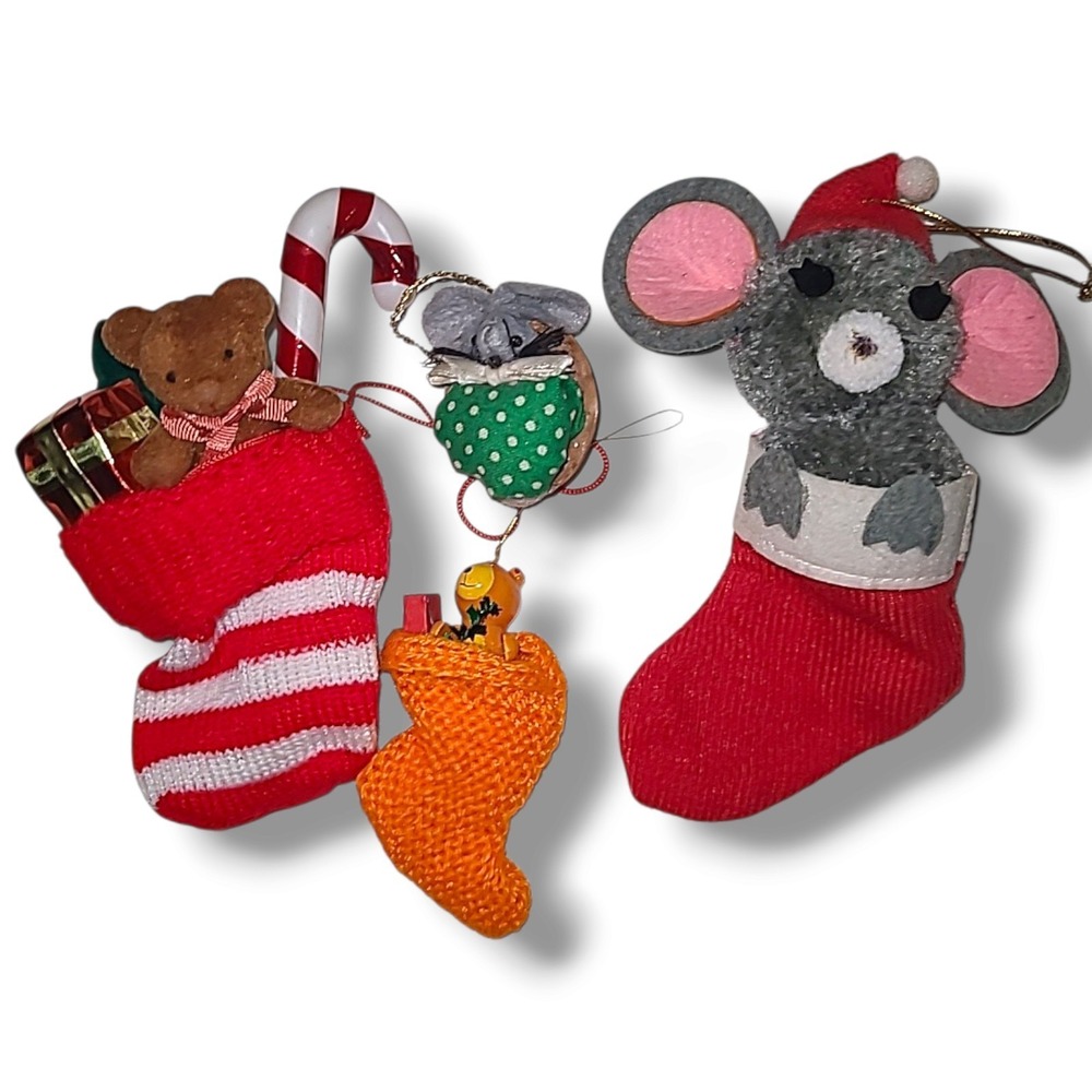 Lot 4 Vintage Christmas Stocking Ornaments Mice Teddy Bears Handmade Holiday
